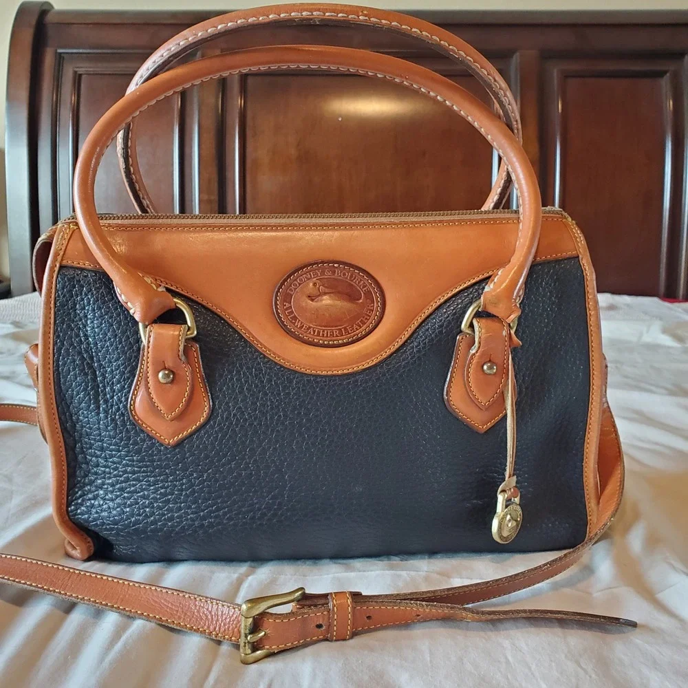 Dooney & Bourke All Weather Leather Satchel Navy Blue British Tan Vintage Bag
